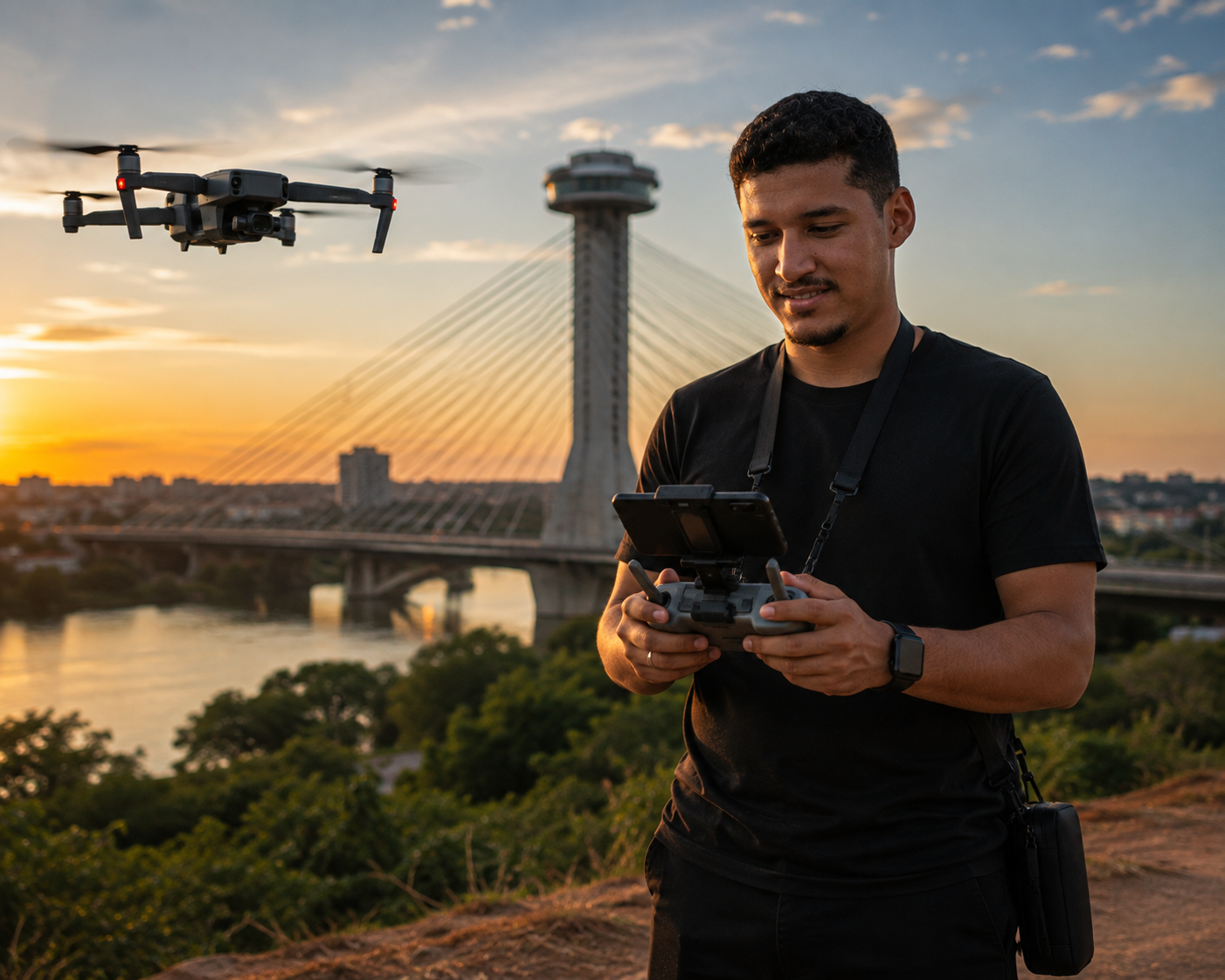 Ian Alves operando drone em frente à Ponte Estaiada, Teresina